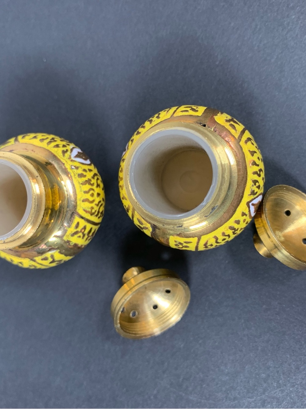 Vintage Enameled Brass Salt and Pepper Set Tray India - Picture 6 of 16